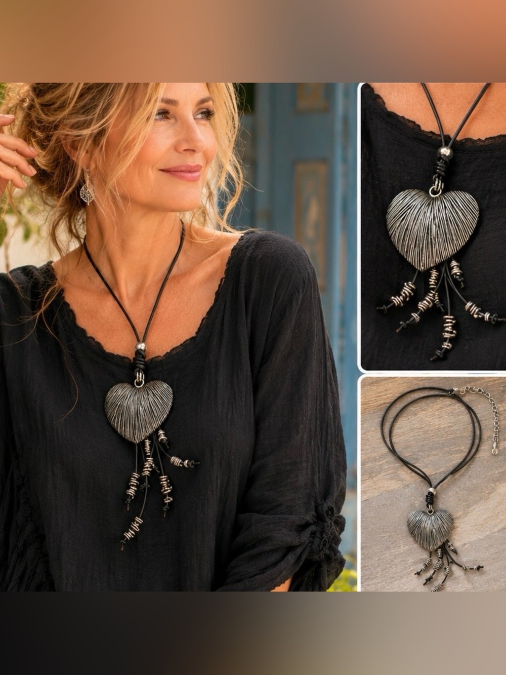 Artisan Silver Heart Statement Necklace | Boho Lagenlook Pendant
